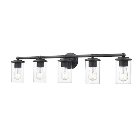 Z-Lite Thayer Vanity, 5-Light, 39 In.W x 5.75 In.L x 8.75 In.H, Matte Black/Clear 742-5V-MB